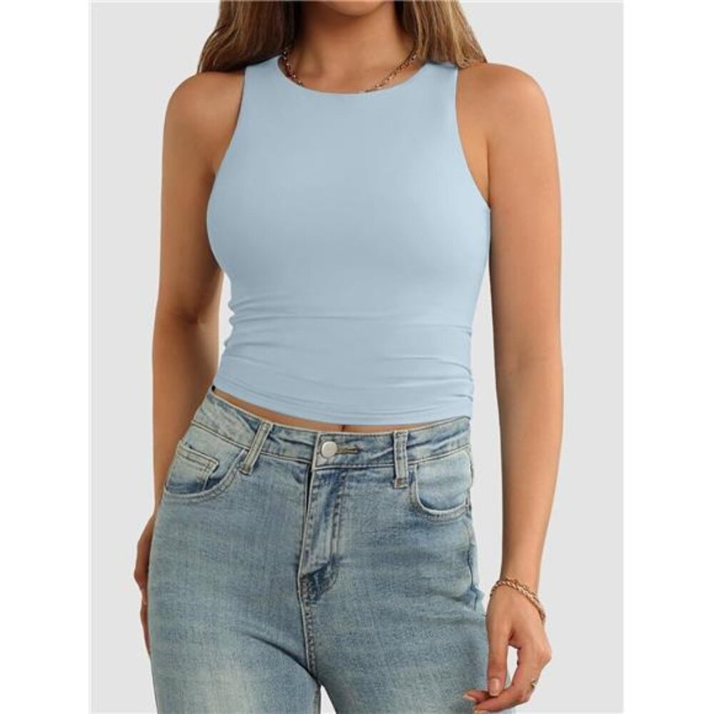 Womens Double Lined Crop Tank Tops Casual Basic Shirts Sleeveless Light Blue - Picture 2 of 6